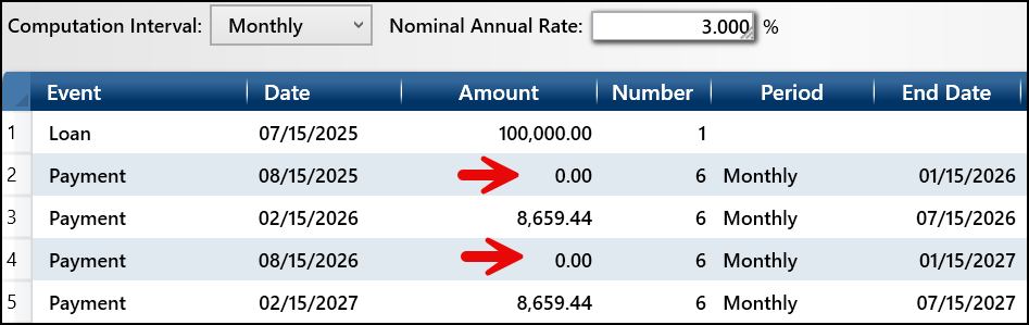 Screenshot of two examples of two payments of $0.00