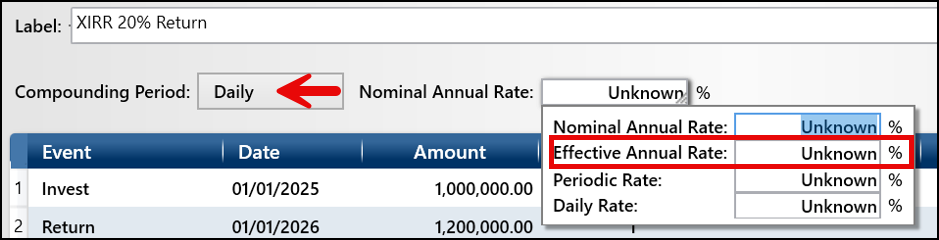 Example of setting the Compounding Period to Daily and entering 'U' for Unknown for the Effective Annual Rate