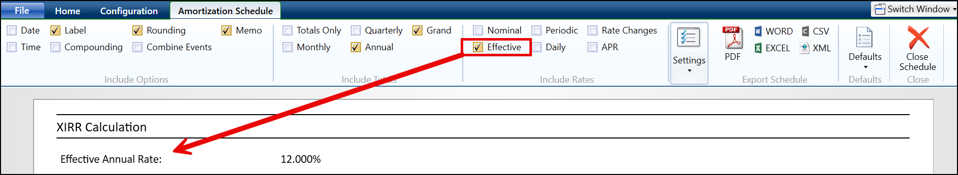 Example of where to check off Effective in the toolbar